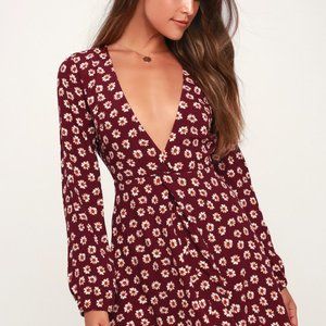 Lulu's Deep V Floral Print Long Sleeve Dress